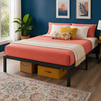 Full-size heavy-duty black metal bed frame — colorful lifestyle view