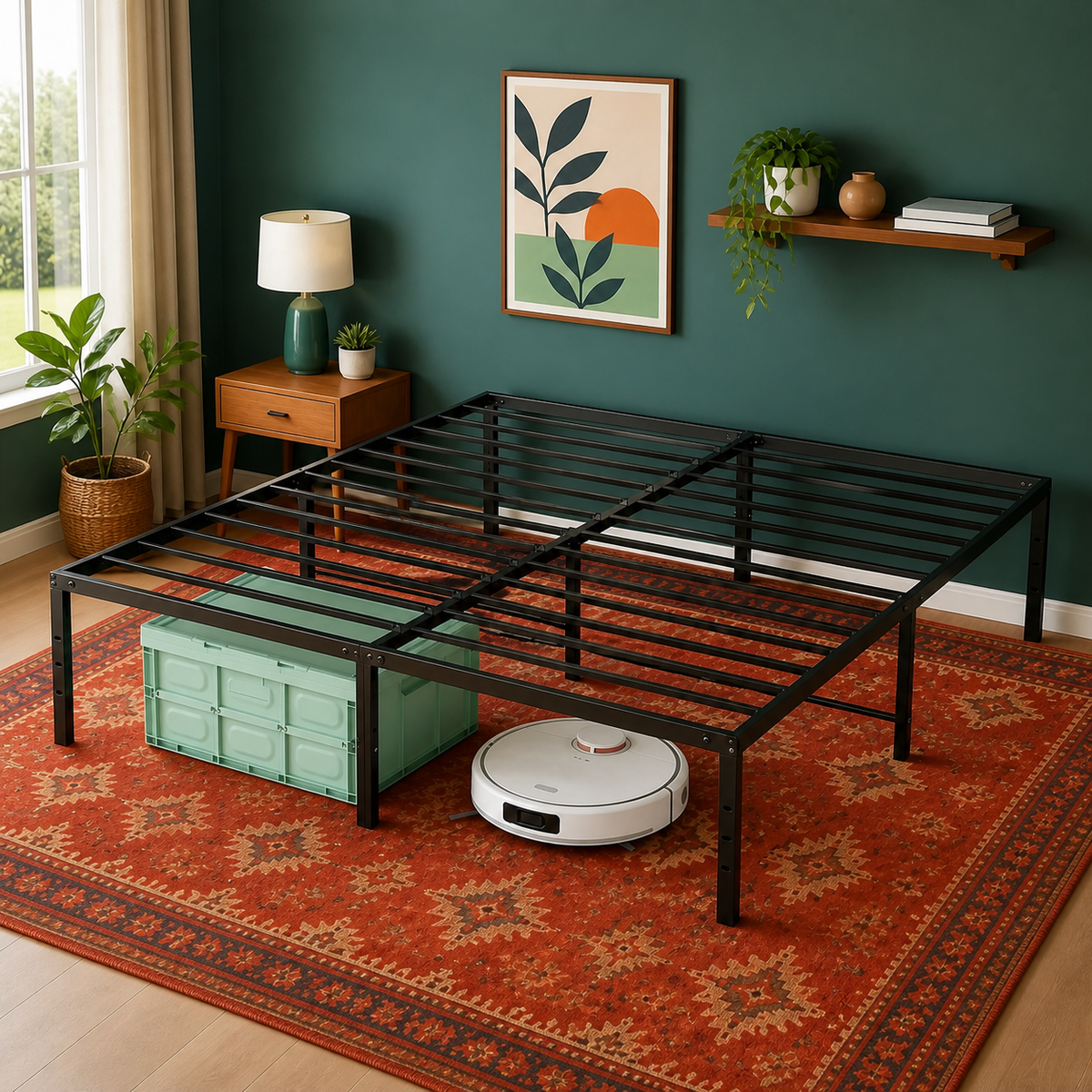 Queen 16-inch black steel platform bed frame — vibrant primary product view