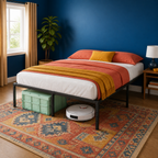 Queen 16-inch black steel platform bed frame — colorful lifestyle view