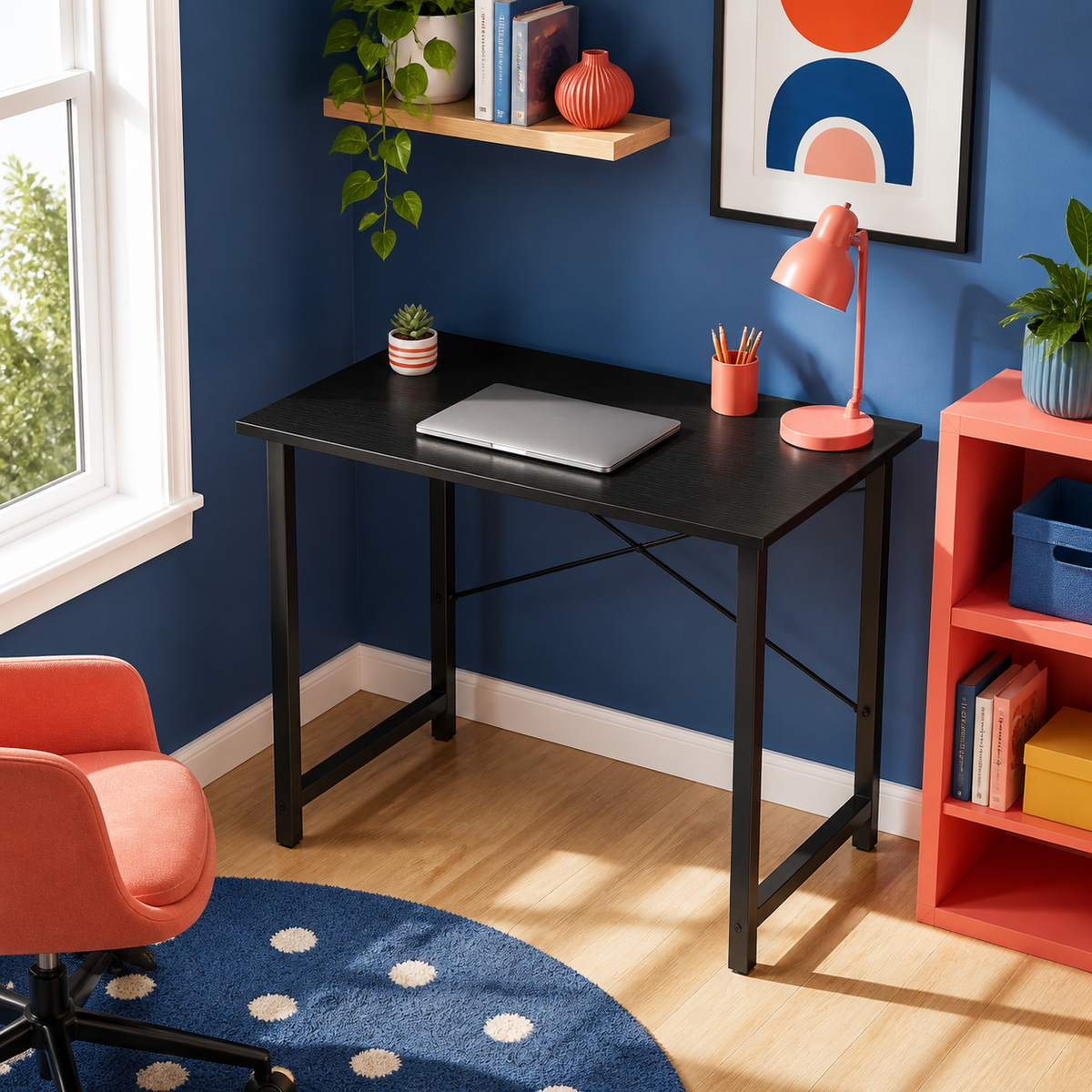 Black 31-inch compact home office desk — colorful lifestyle view