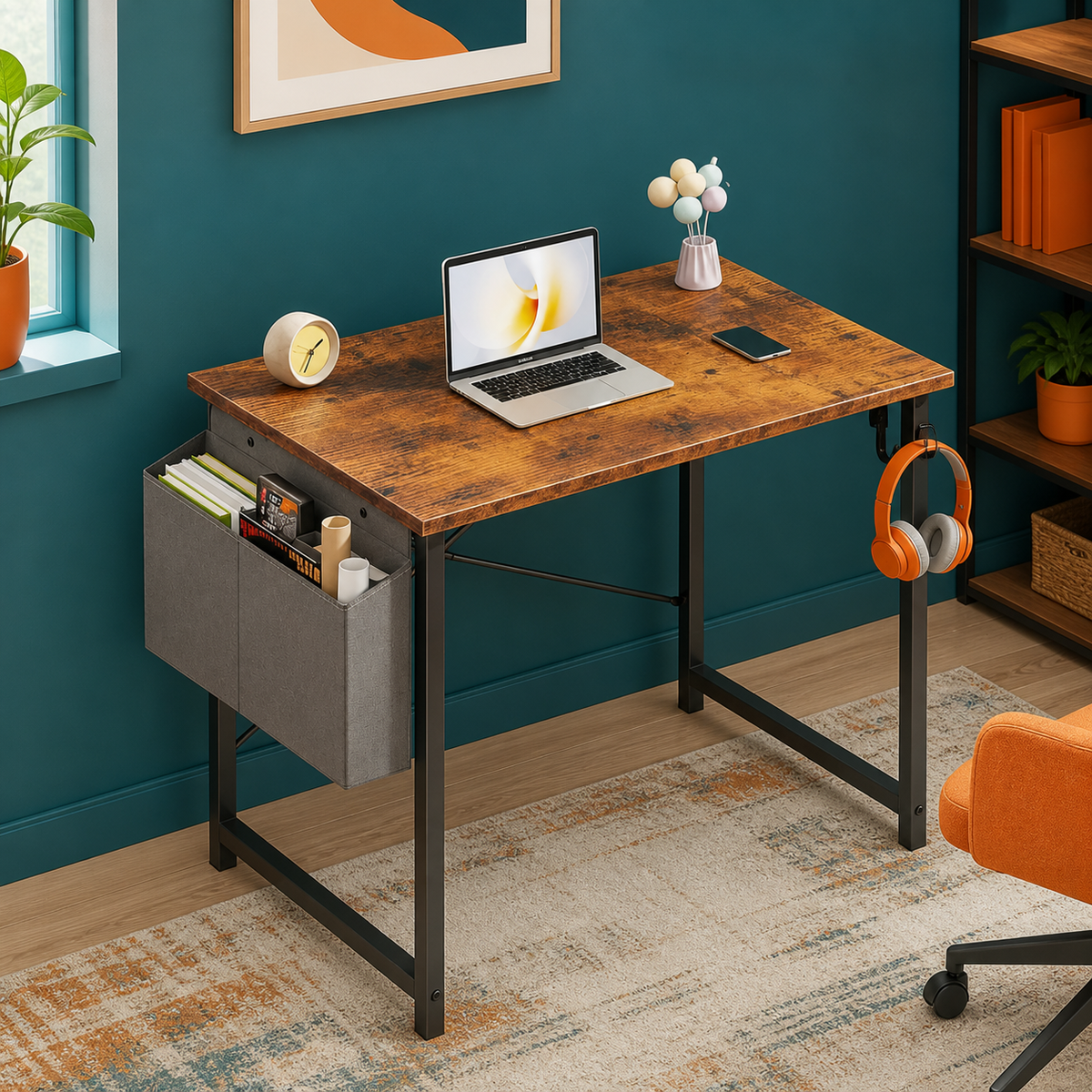 Rustic-brown 31-inch desk with storage bag and hook — vibrant primary product view