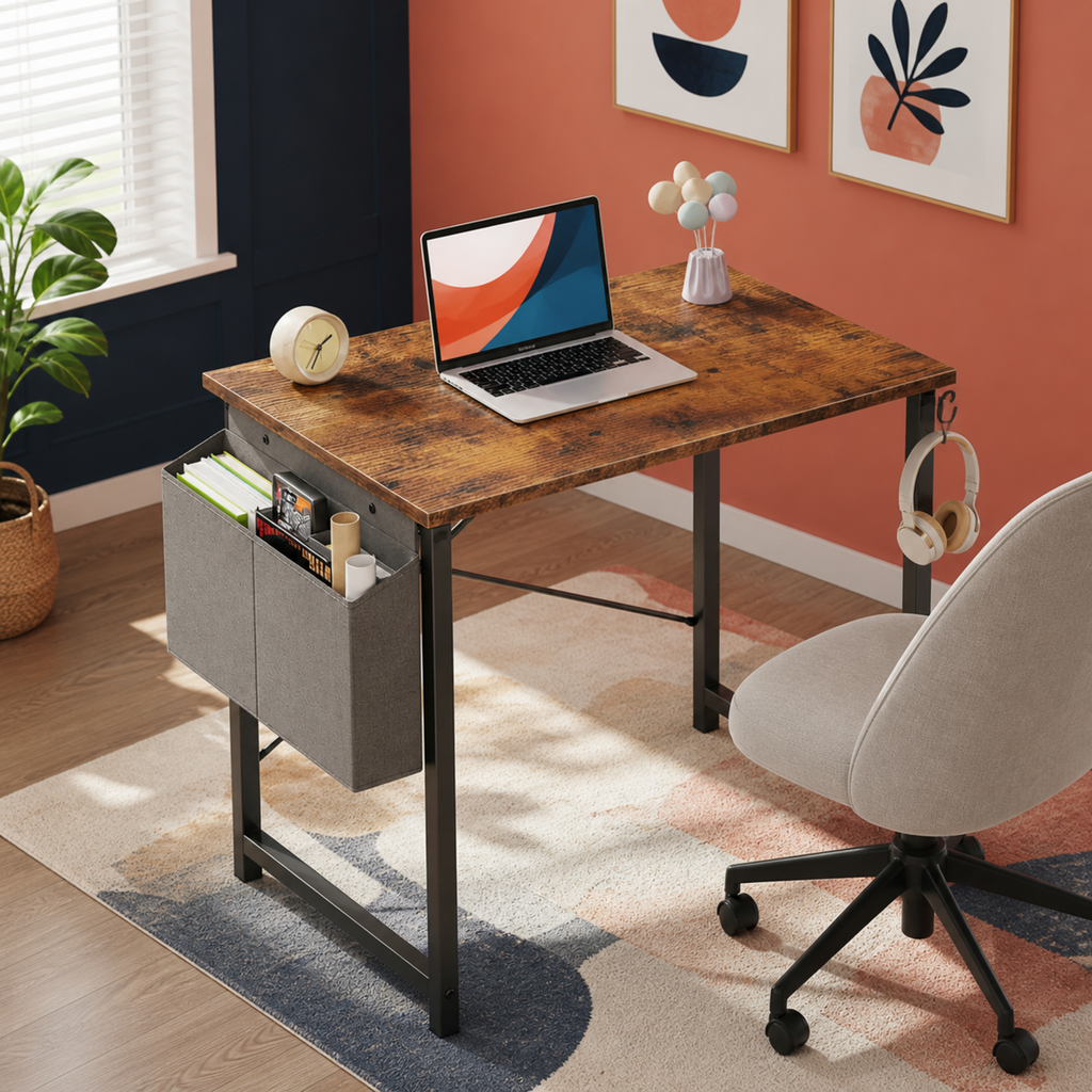 Rustic-brown 31-inch desk with storage bag and hook — colorful lifestyle view