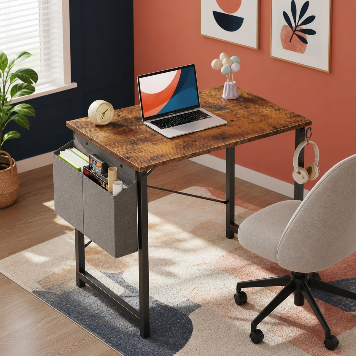Rustic-brown 31-inch desk with storage bag and hook — colorful lifestyle view