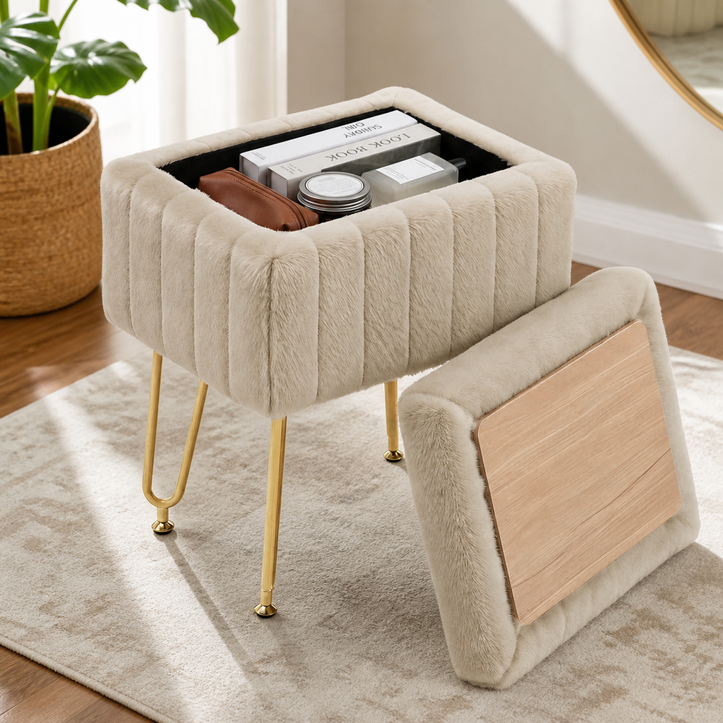 Faux-Fur Storage Vanity Stool — Camel in a colorful contemporary interior
