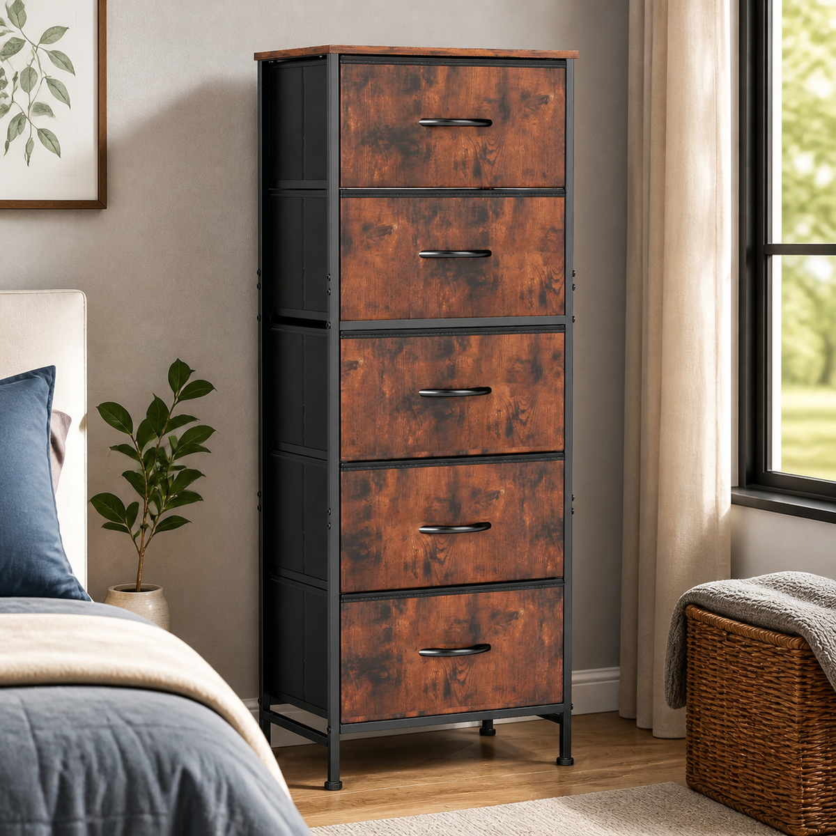 Tall Five-Drawer Fabric Dresser — Brown in a colorful contemporary interior