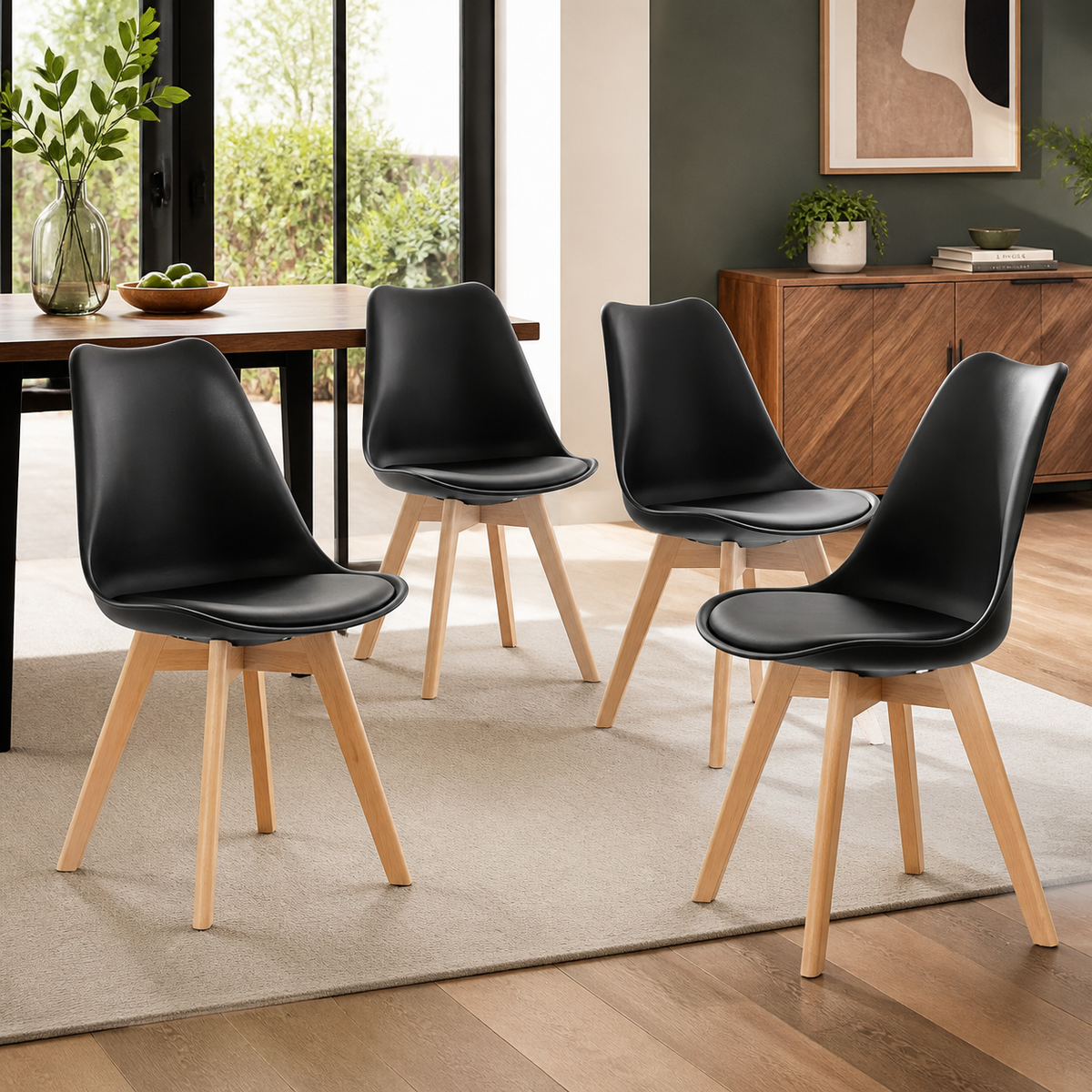Upholstered Dining Chairs — Set of 4, Black in a colorful contemporary interior