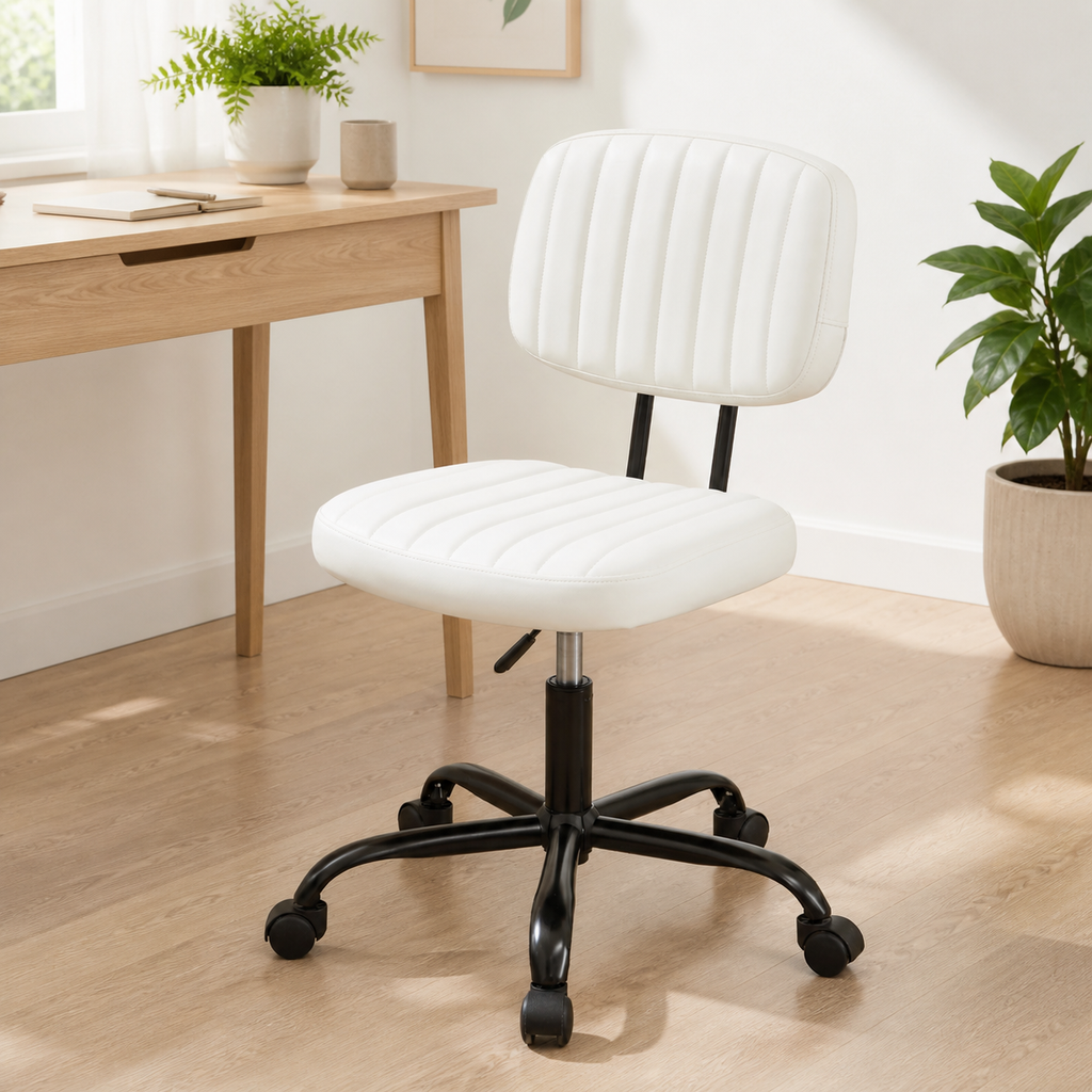 Armless Rolling Task Chair — White — styled home-office lifestyle image