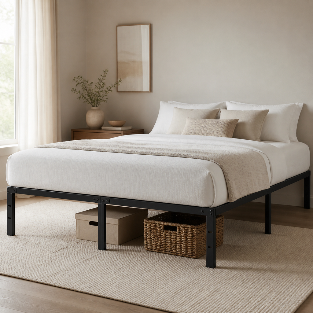 Queen Steel Platform Bed Frame — Black — styled bedroom lifestyle image