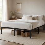 Queen Steel Platform Bed Frame — Black — styled bedroom lifestyle image