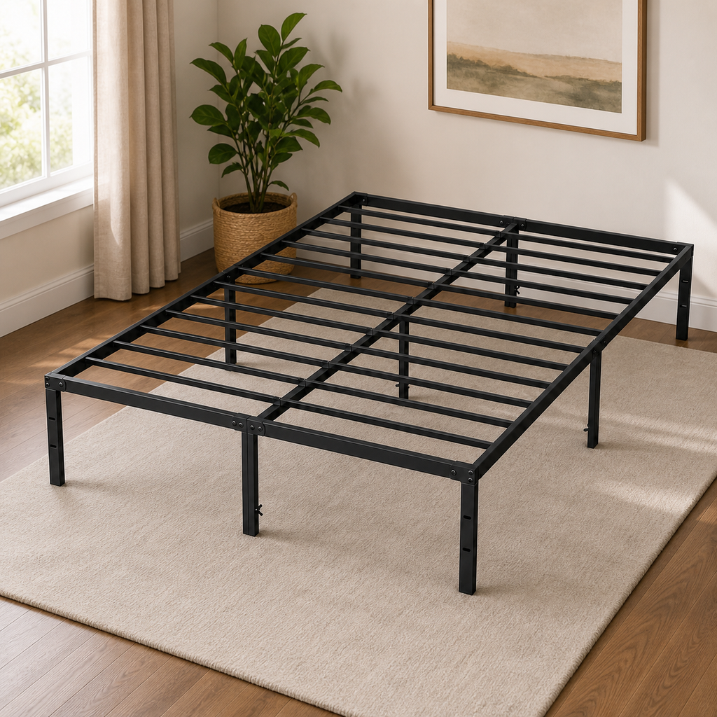 Queen Steel Platform Bed Frame — No Box Spring in a colorful contemporary interior