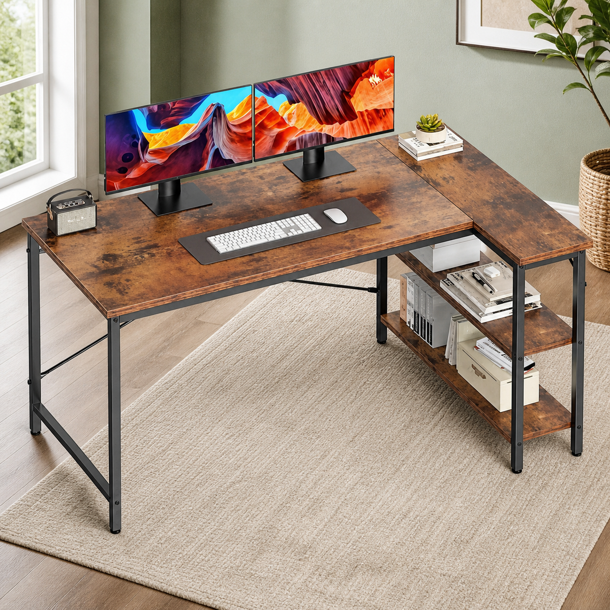 Reversible L-Shaped Desk with Storage — Brown, 47 in. in a colorful contemporary interior