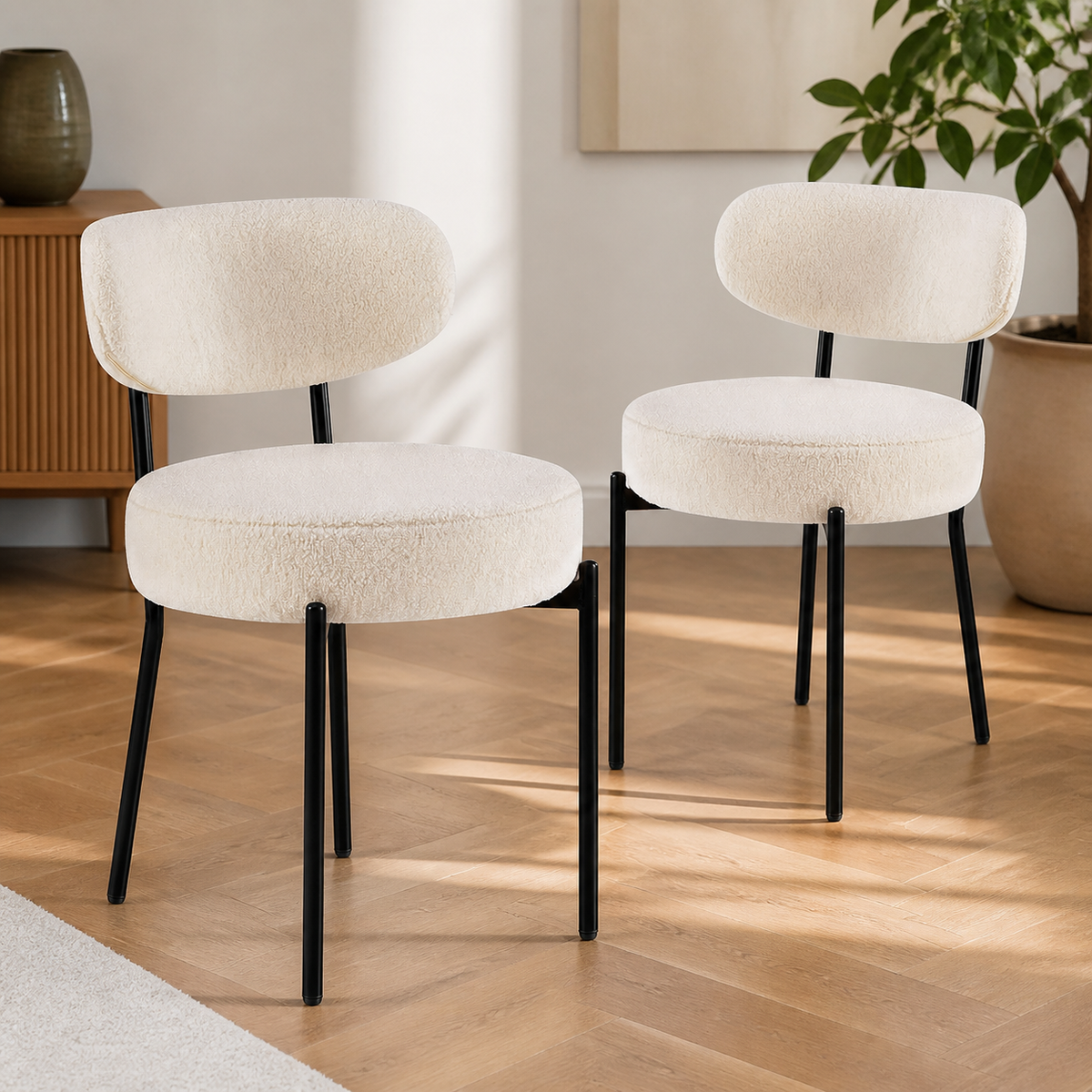 Upholstered Low-Back Dining Chairs — Set of 2, Beige in a colorful contemporary setting