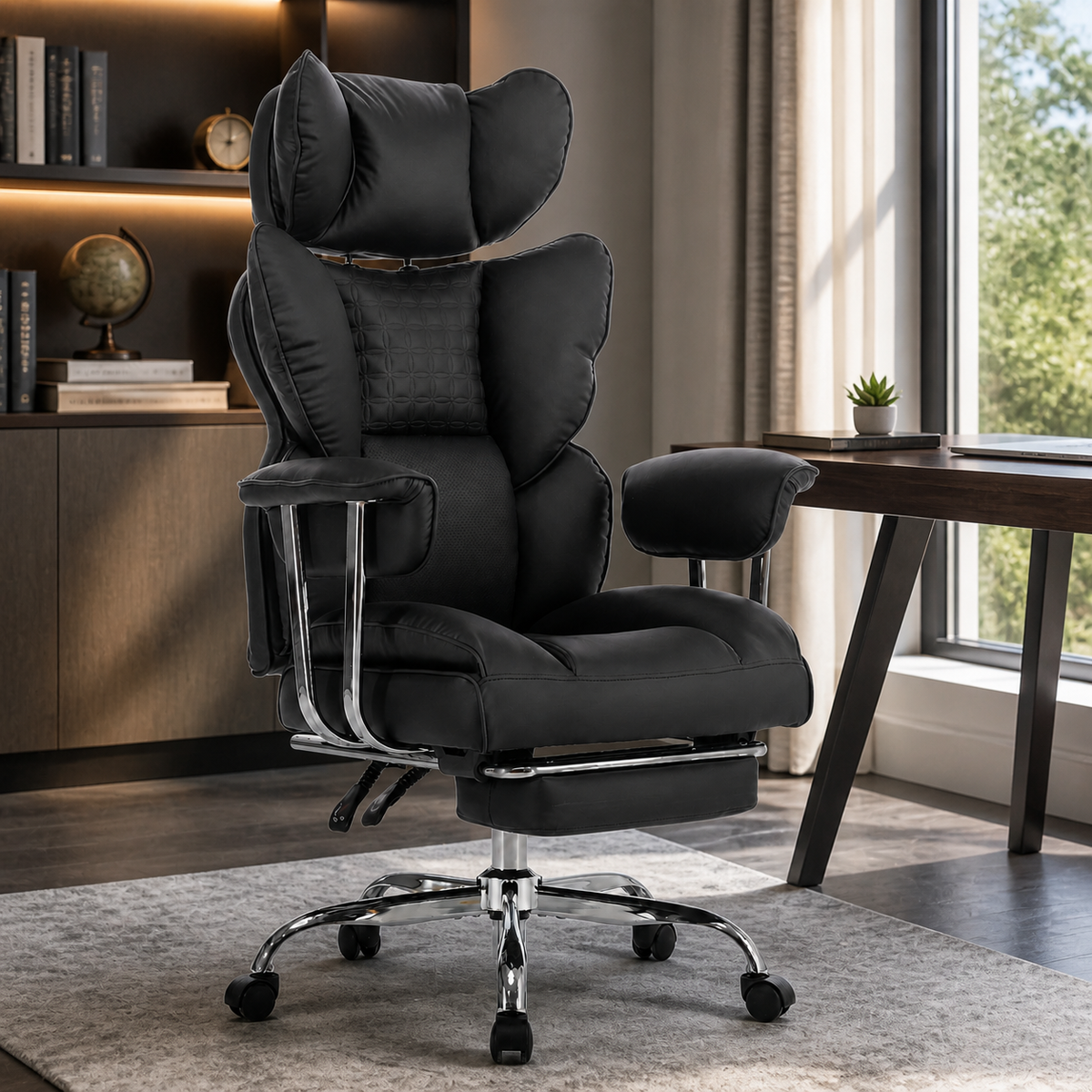 High-Back Reclining Executive Chair with Footrest — Black in a colorful contemporary setting