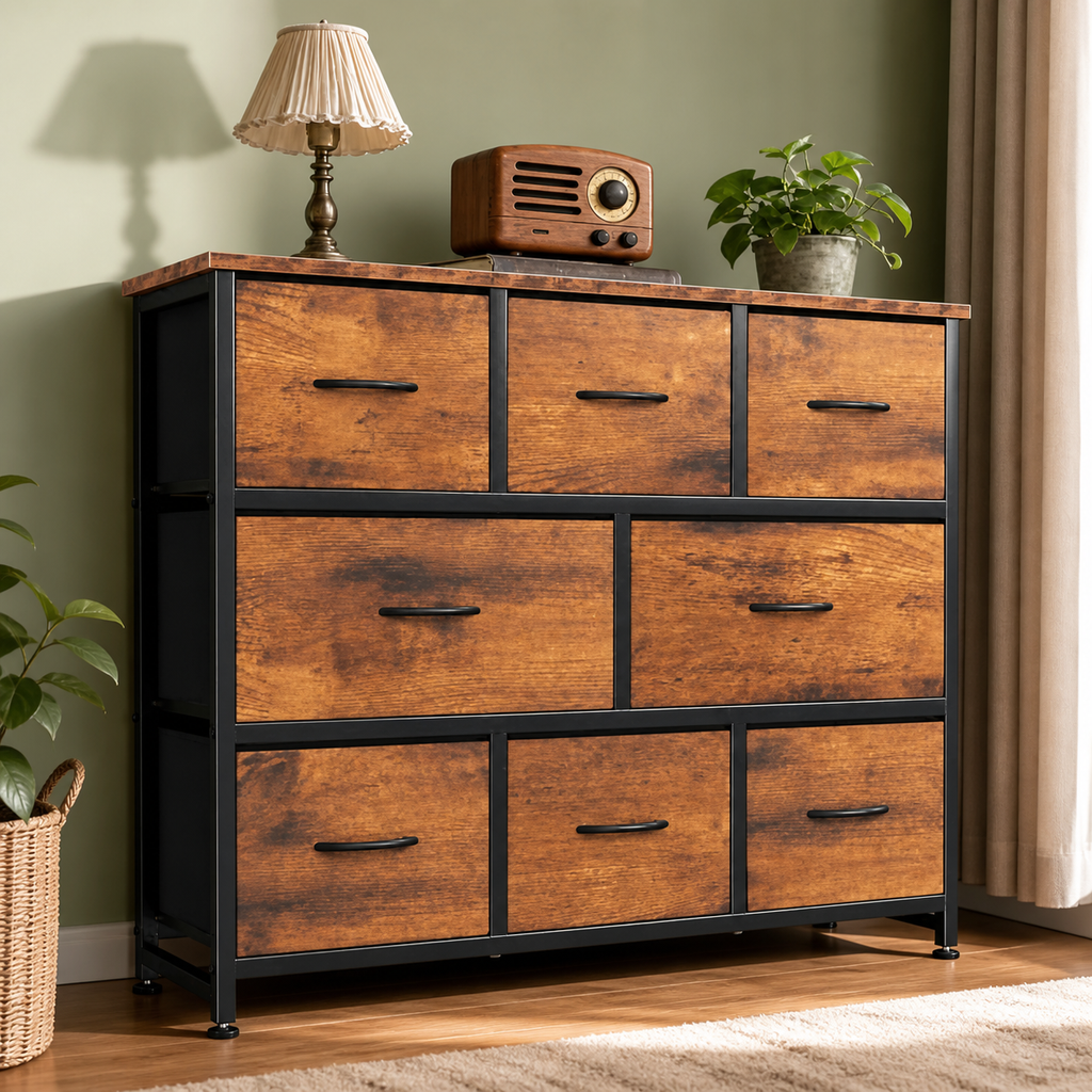 Eight-Drawer Fabric Storage Dresser — Brown in a colorful contemporary setting