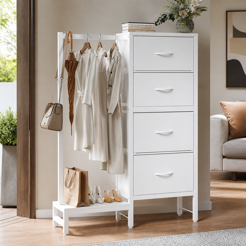Four-in-One Entryway Storage Organizer — White in a colorful contemporary setting