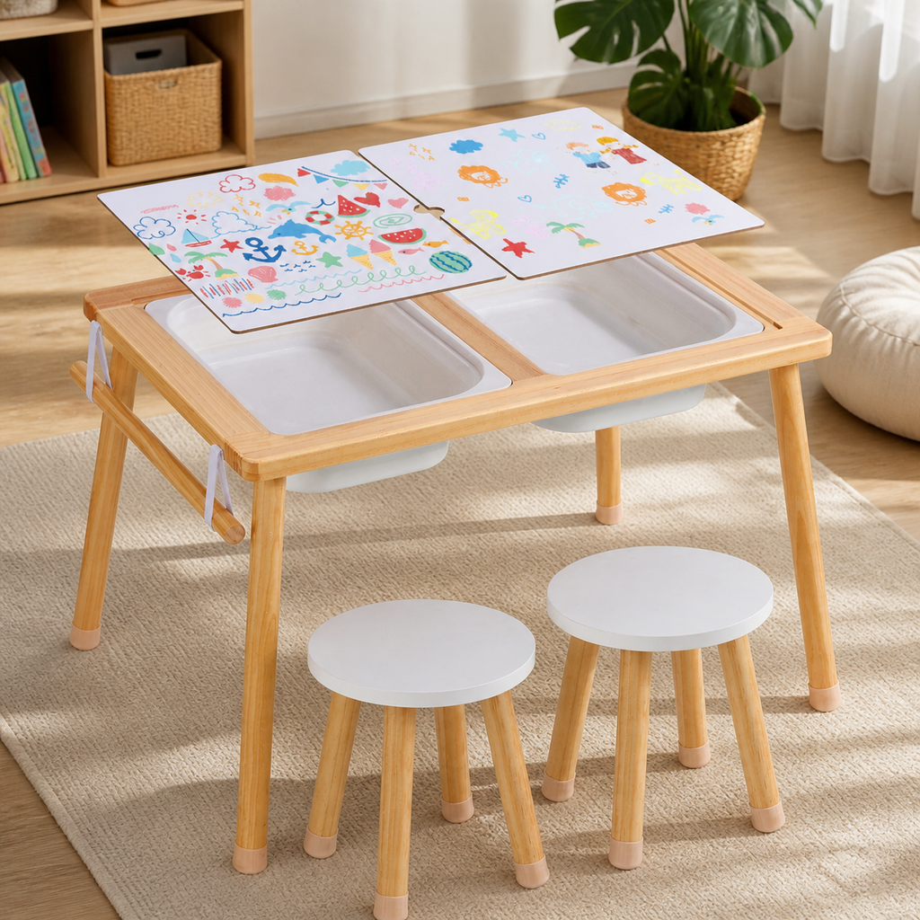 Wooden Sensory Activity Table with Two Stools in a colorful contemporary setting