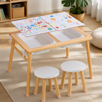 Wooden Sensory Activity Table with Two Stools in a colorful contemporary setting