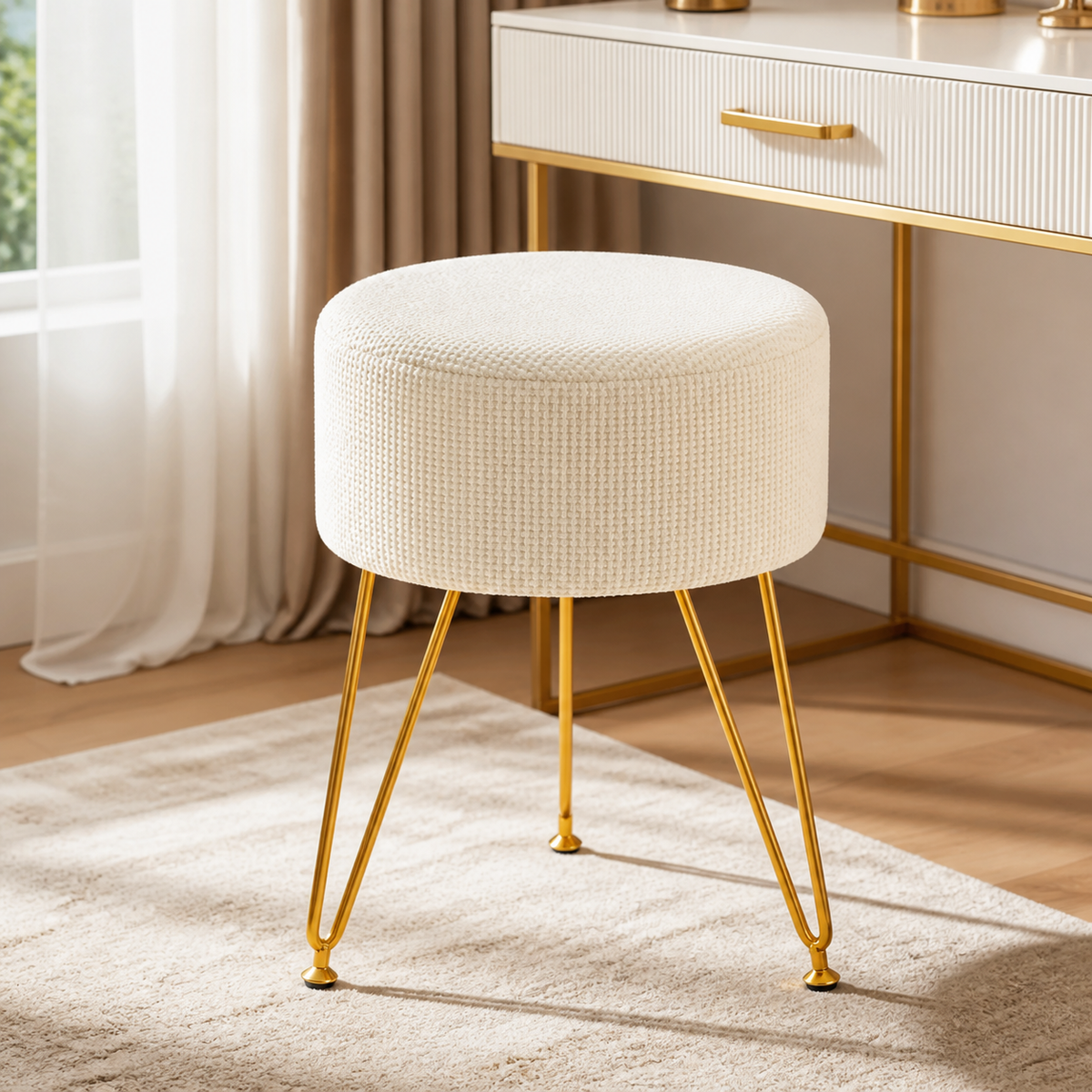 Faux-Fur Vanity Stool — Beige in a colorful contemporary setting