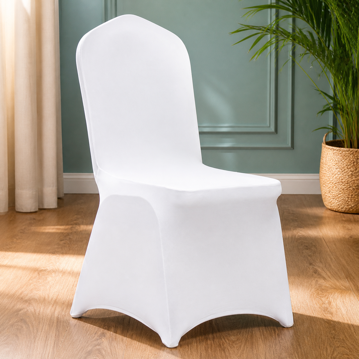 Stretch Folding Chair Covers — Set of 100, White in a colorful contemporary setting