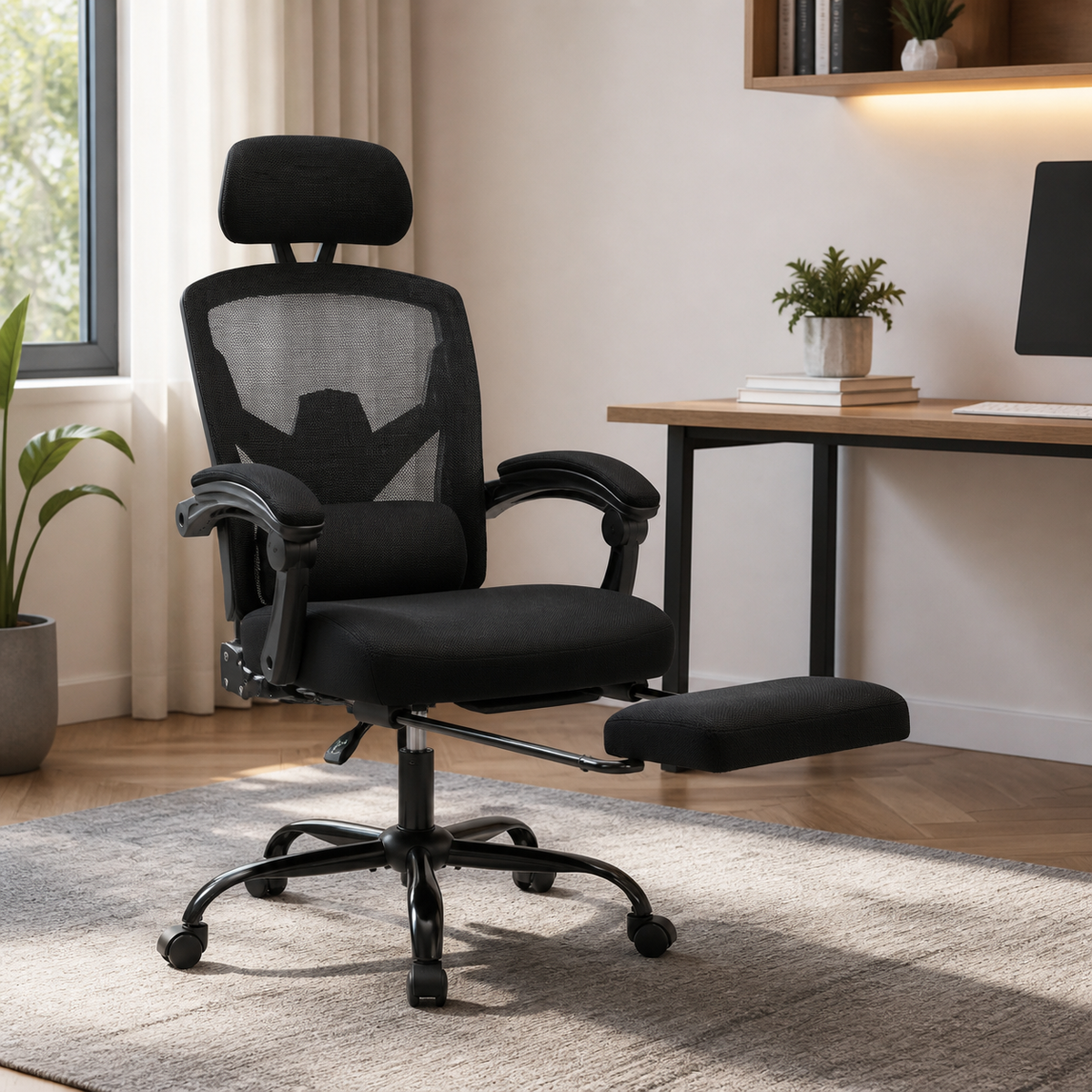 Ergonomic Office Chair with Retractable Footrest — Black in a colorful realistic setting