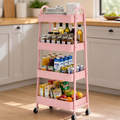 Four-Tier Rolling Metal Storage Cart — Pink in a colorful contemporary setting