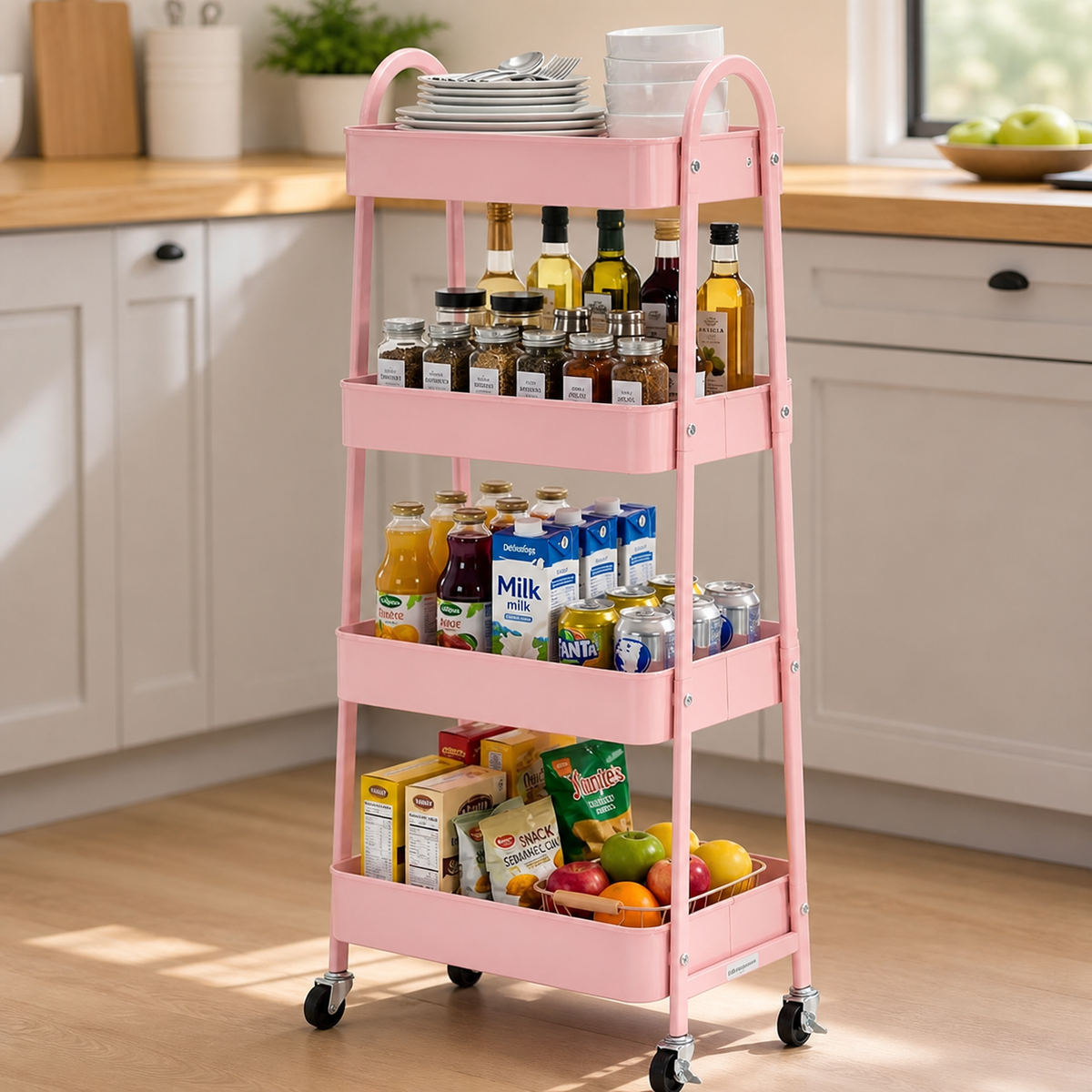 Four-Tier Rolling Metal Storage Cart — Pink in a colorful contemporary setting