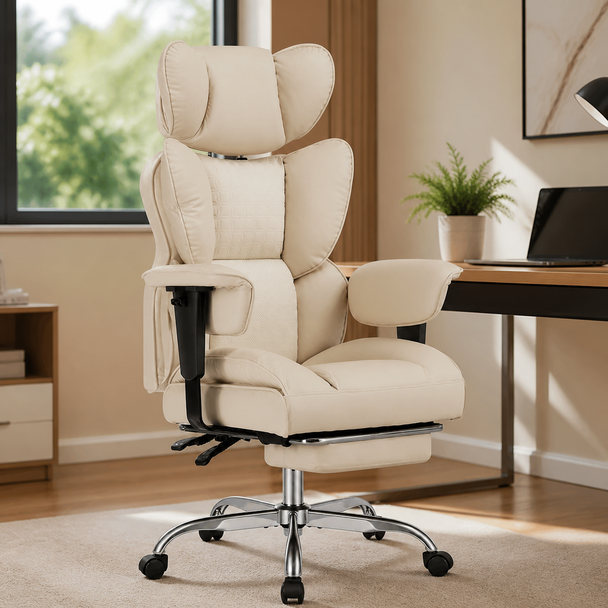 High-Back Reclining Office Chair with Footrest — Beige in a colorful realistic setting