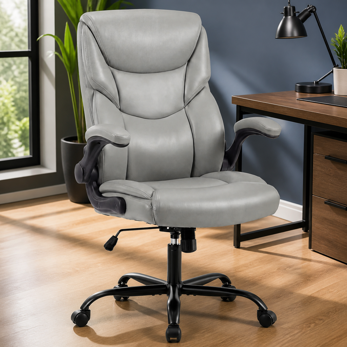 High-Back Office Chair with Flip-Up Arms — Gray in a colorful contemporary setting