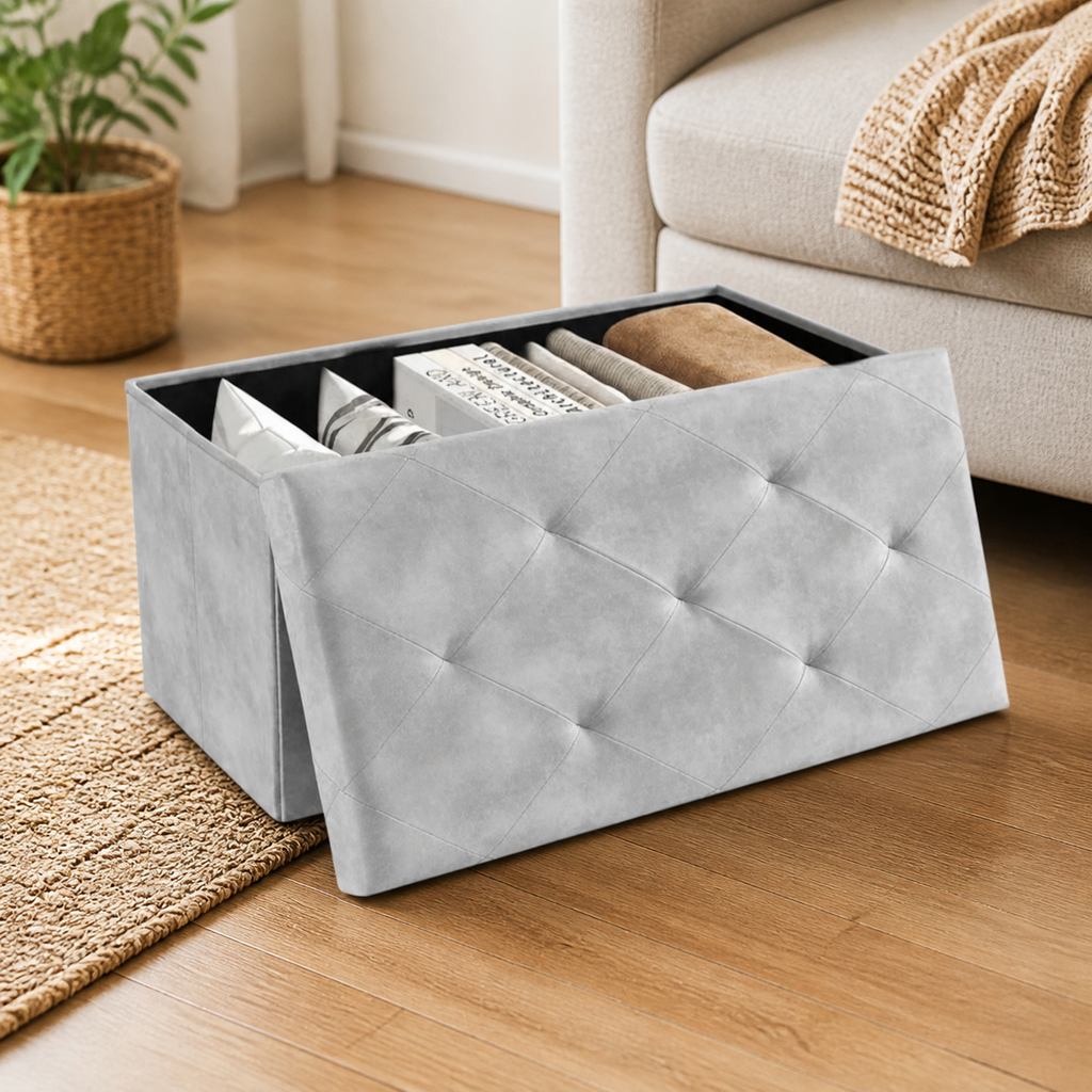 Foldable Storage Bench — Gray, 30 in. in a colorful contemporary setting