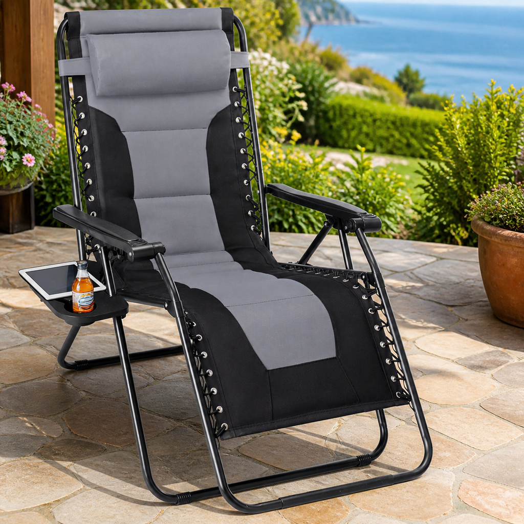 Foldable Zero-Gravity Outdoor Recliner — Black and Gray in a colorful realistic setting