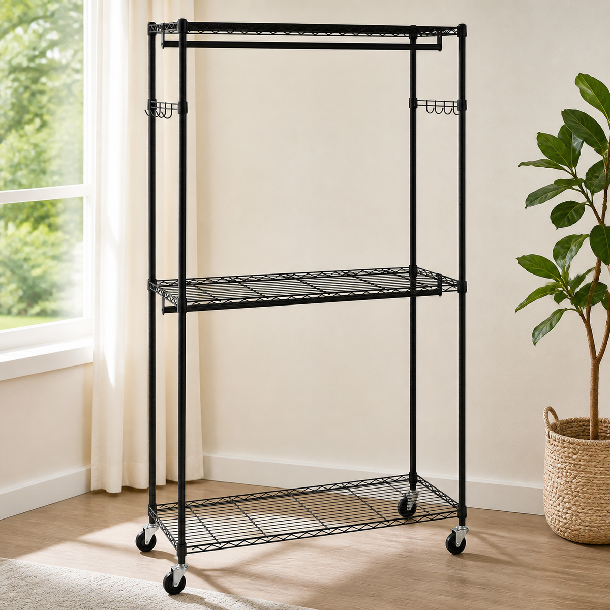 Heavy-Duty Rolling Garment Rack — Black in a colorful contemporary setting