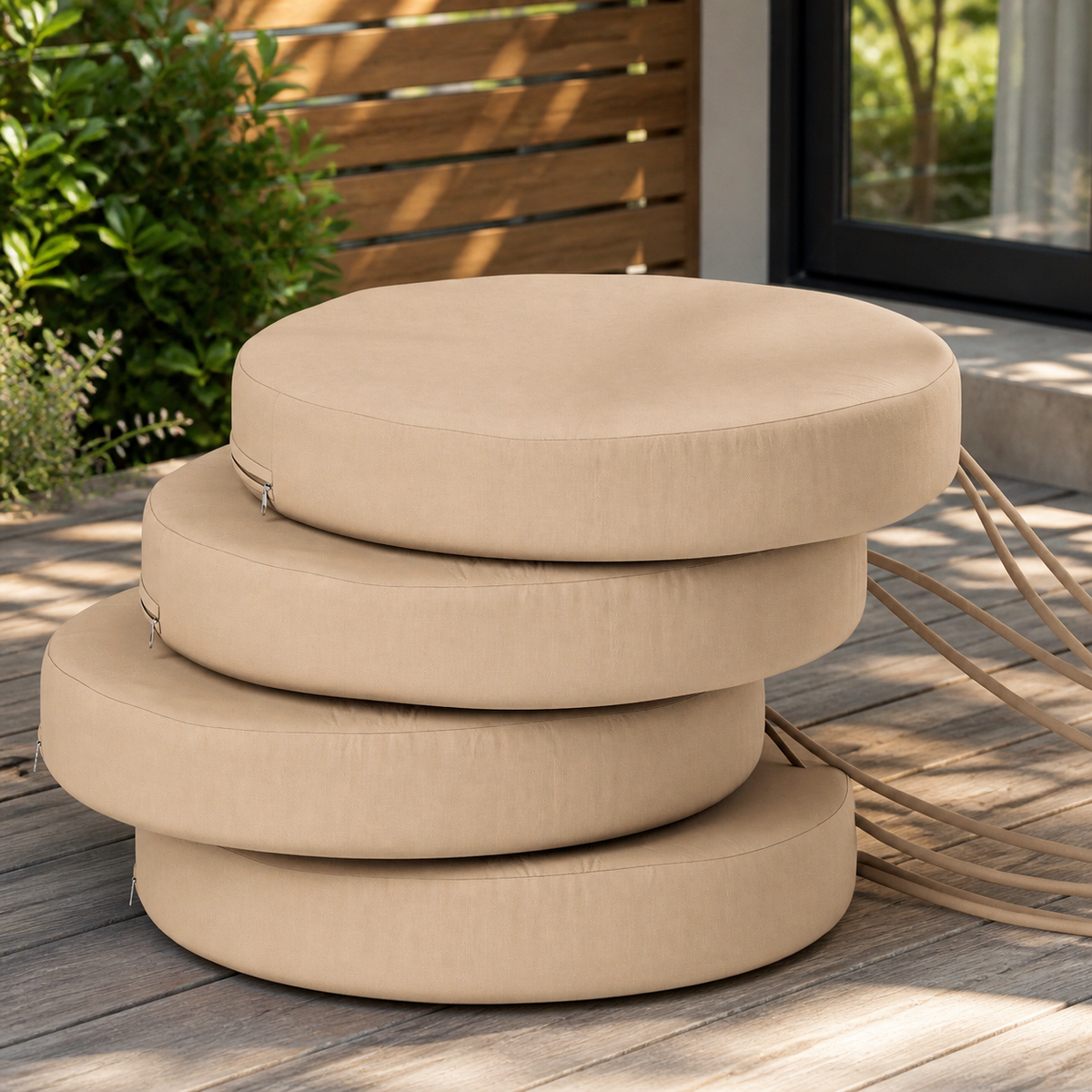 Round Patio Chair Cushions — Set of 4, Khaki in a colorful contemporary setting
