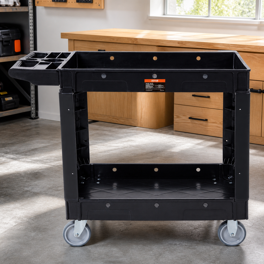 Heavy-Duty Two-Shelf Rolling Utility Cart — Black in a colorful realistic setting