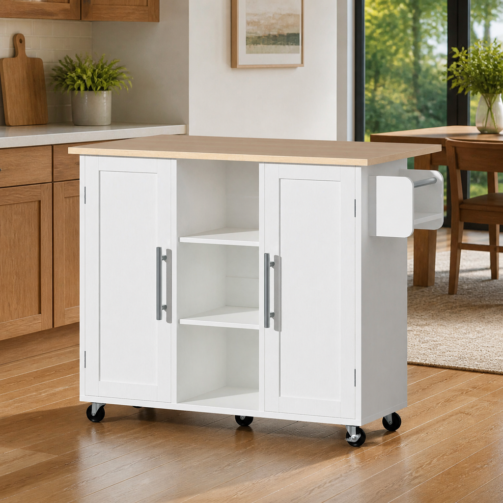 Rolling Kitchen Island with Drop-Leaf Top — White in a colorful realistic setting