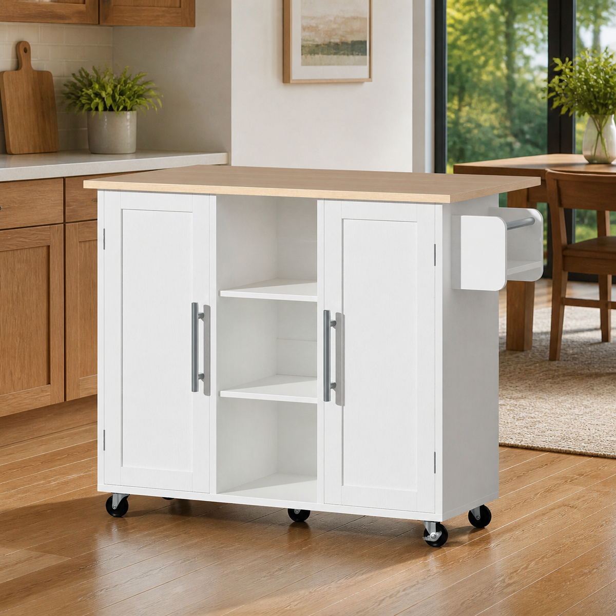Rolling Kitchen Island with Drop-Leaf Top — White in a colorful realistic setting