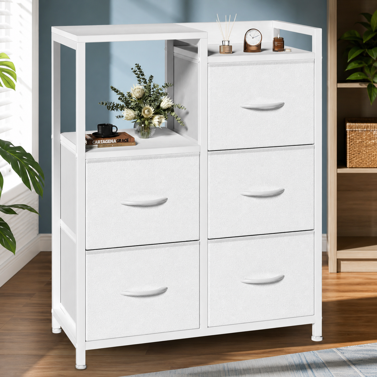 Five-Drawer Fabric Dresser with Shelf — White — square primary product view