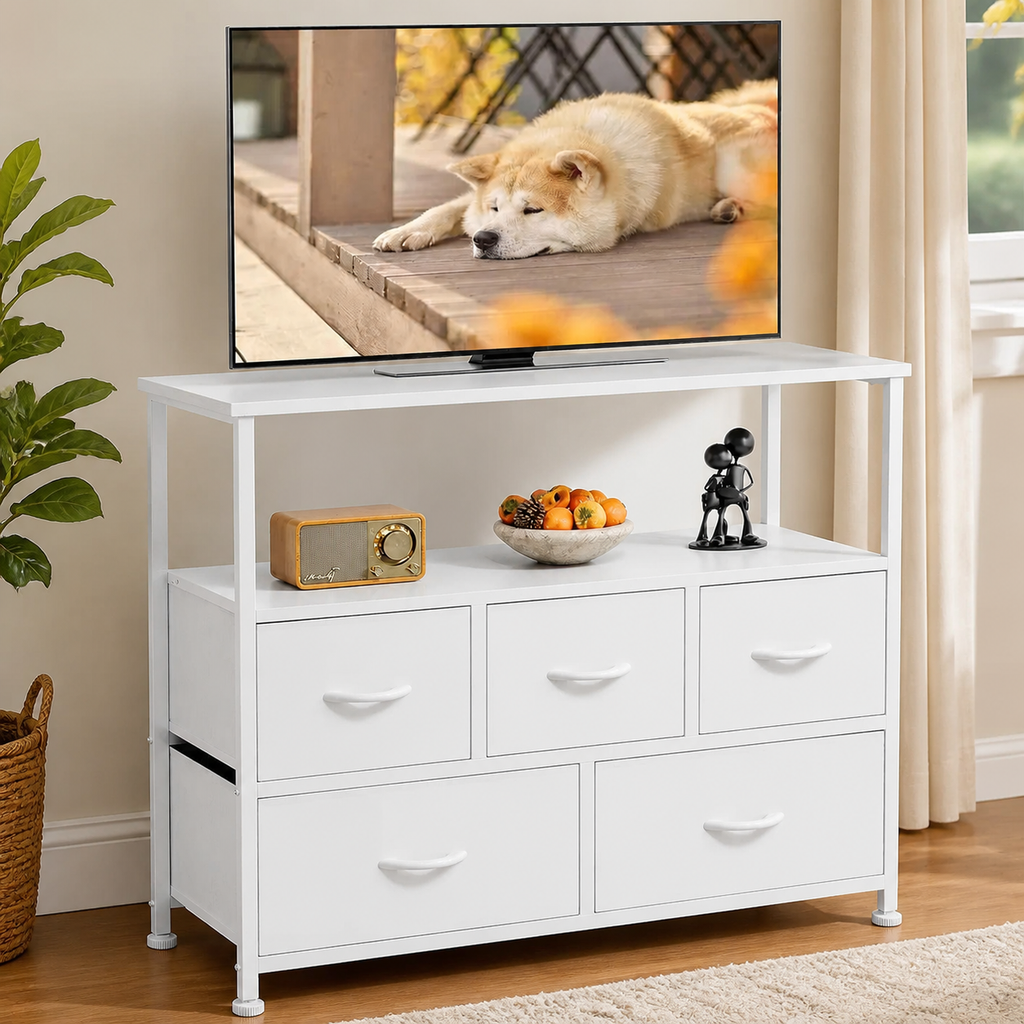 Five-Drawer Fabric Dresser — White in a colorful realistic setting