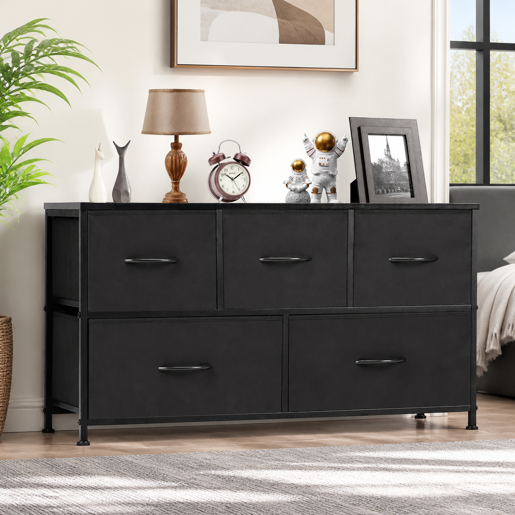 Five-Drawer Fabric Storage Dresser — Black in a colorful realistic setting