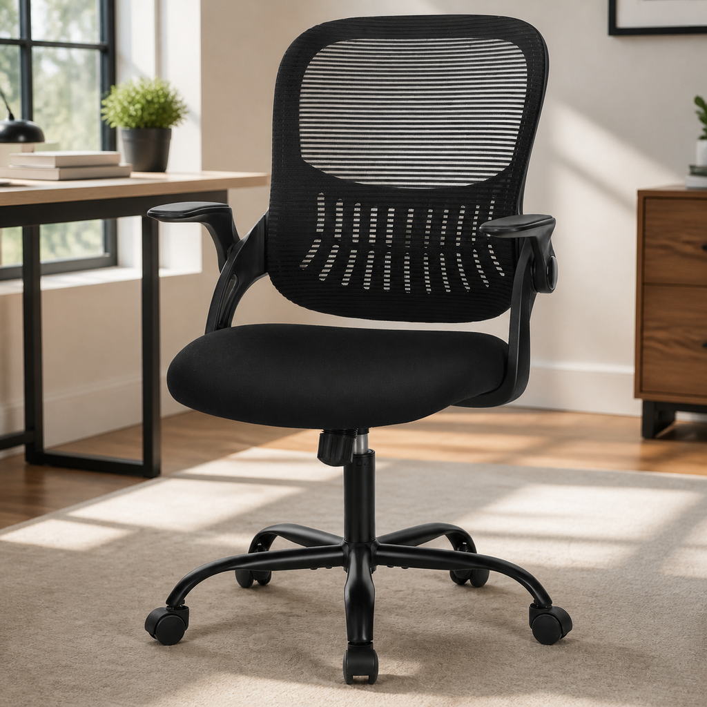 Mid-Back Ergonomic Office Chair — Black in a colorful realistic setting