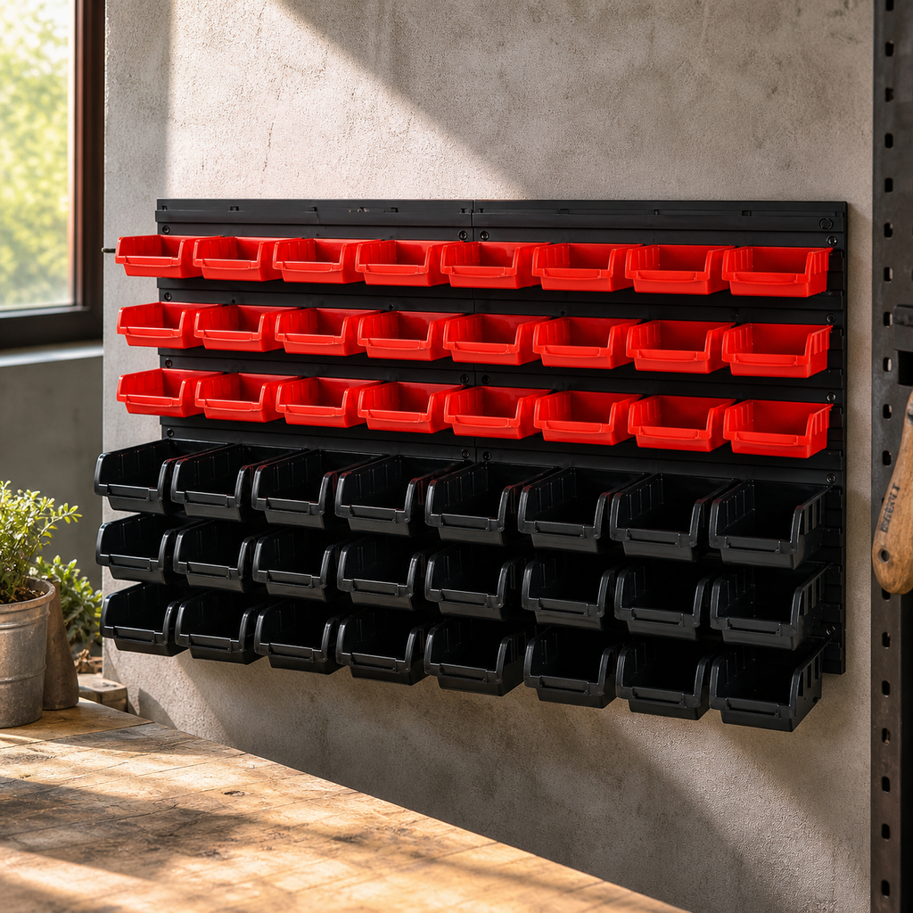 Wall-Mounted 48-Bin Storage Organizer — Black and Red in a colorful realistic setting