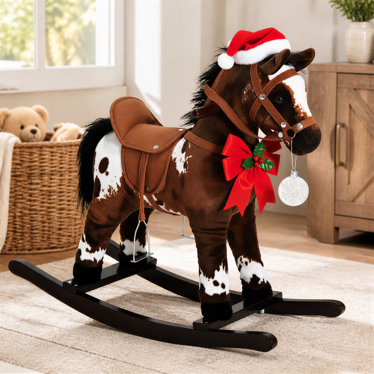 Plush Wooden Rocking Horse — Dark Brown in a colorful realistic setting