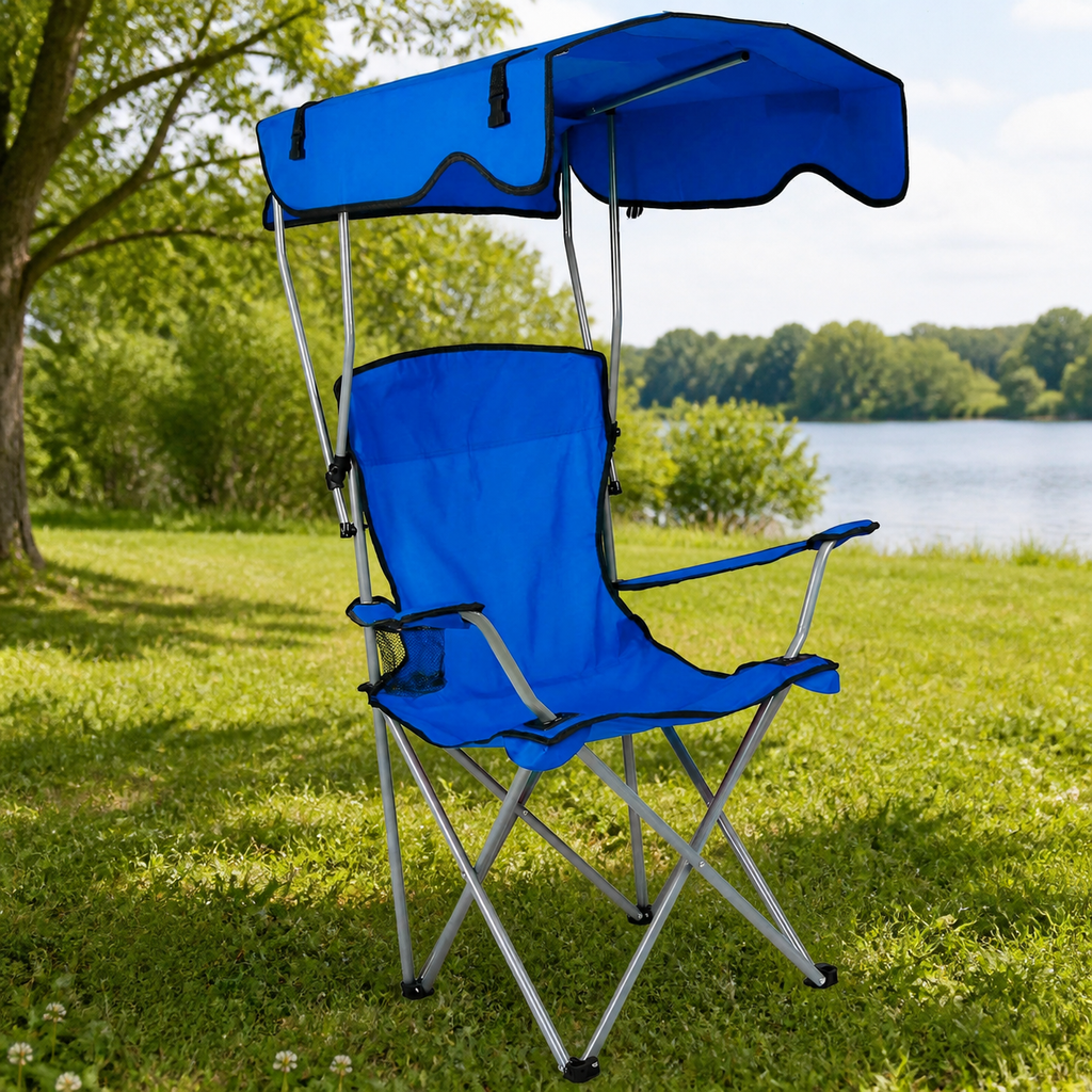 Folding Camping Chair with Canopy — Blue in a colorful realistic setting