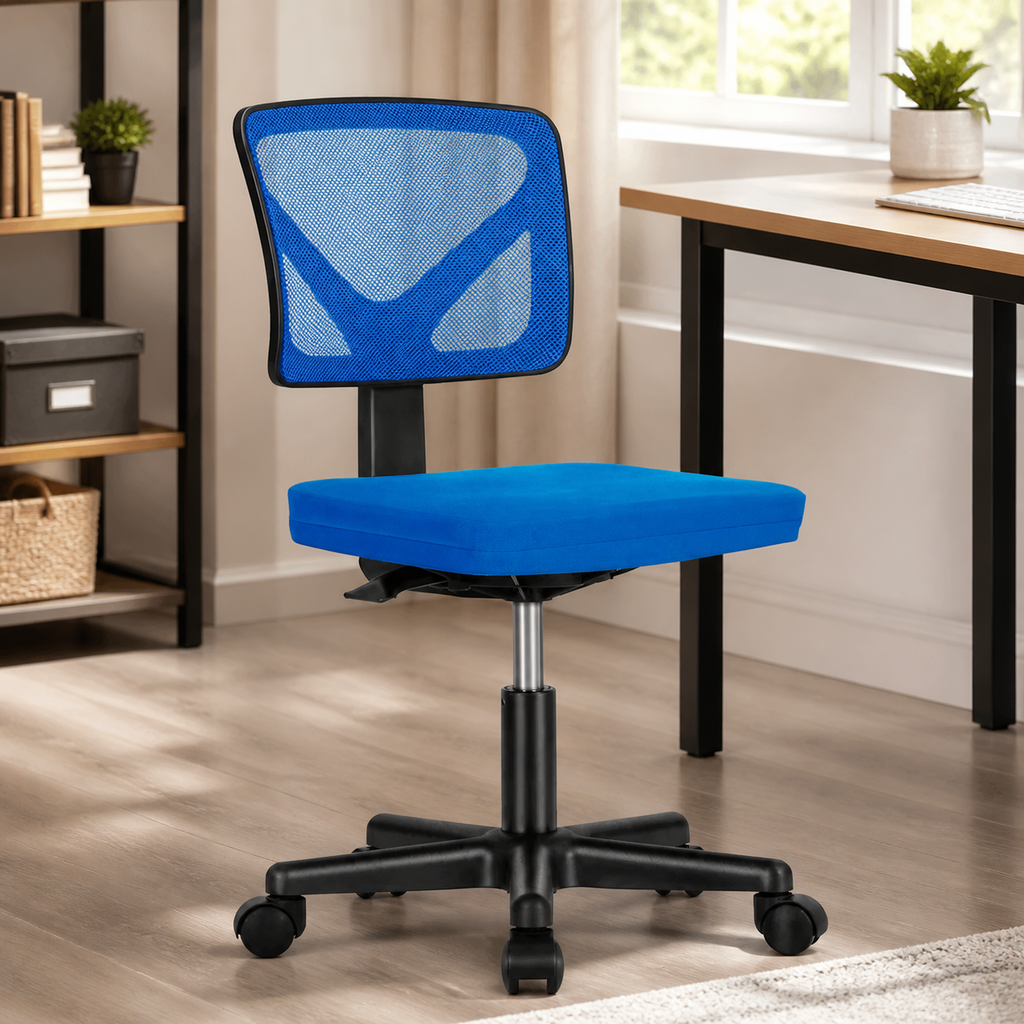 Low-Back Mesh Rolling Task Chair — Blue in a colorful realistic setting