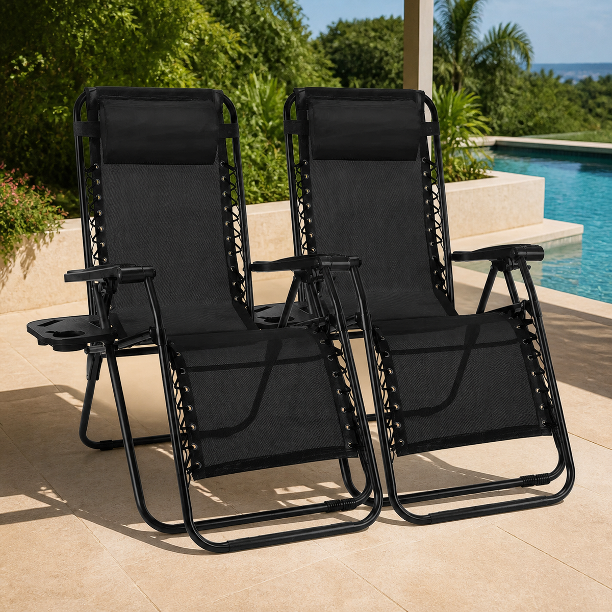 Zero-Gravity Patio Recliners — Set of 2, Black in a colorful realistic setting