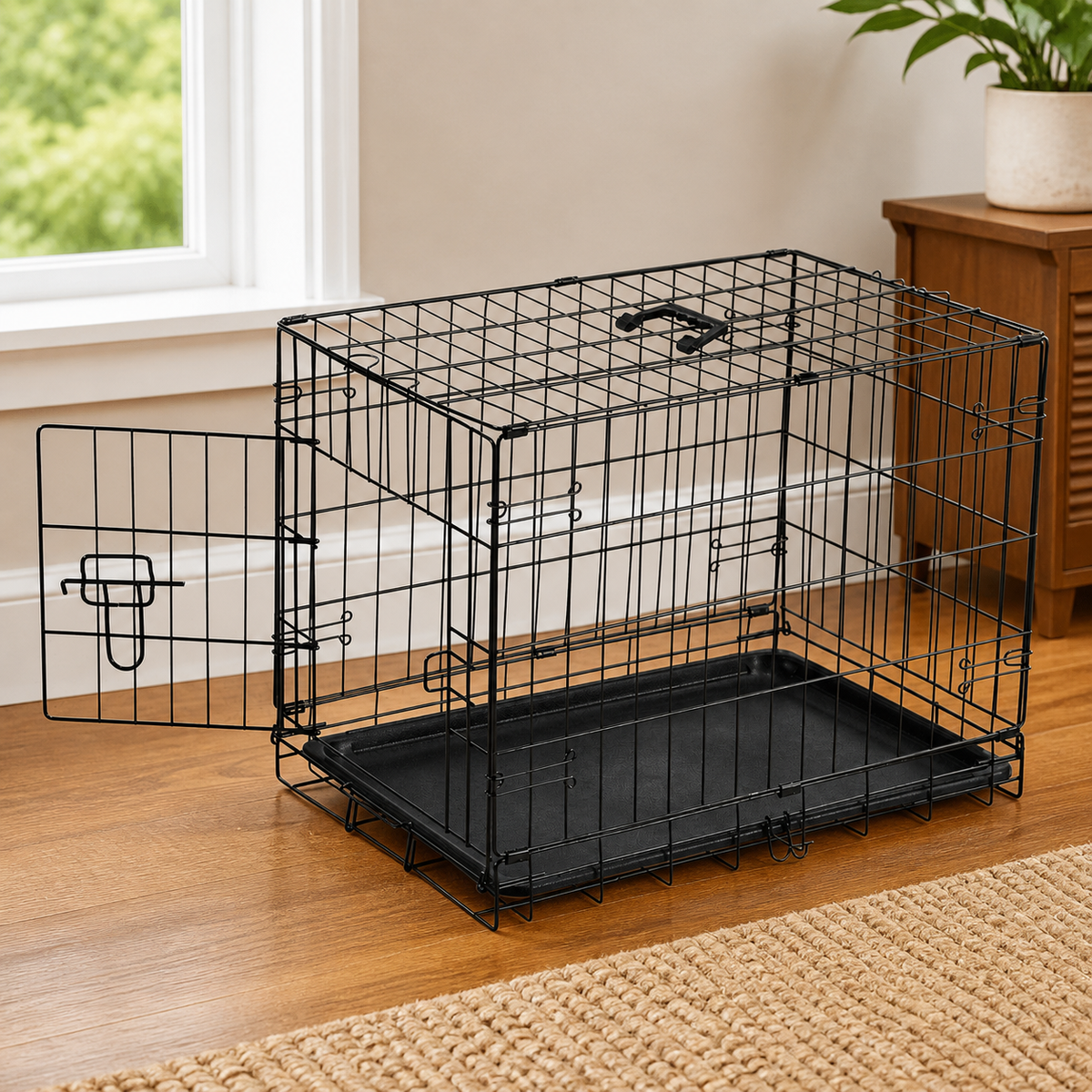 Collapsible Metal Dog Crate with Tray — 18 in. in a colorful realistic setting