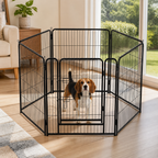 Foldable Metal Pet Playpen with Door in a colorful realistic setting