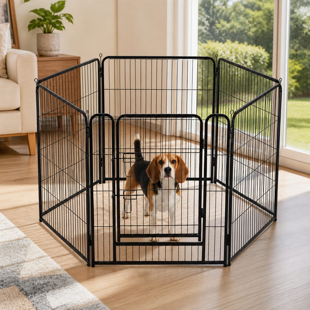 Foldable Metal Pet Playpen with Door in a colorful realistic setting