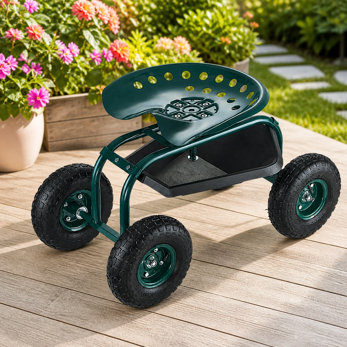 Rolling Garden Cart with Swivel Seat in a colorful realistic setting