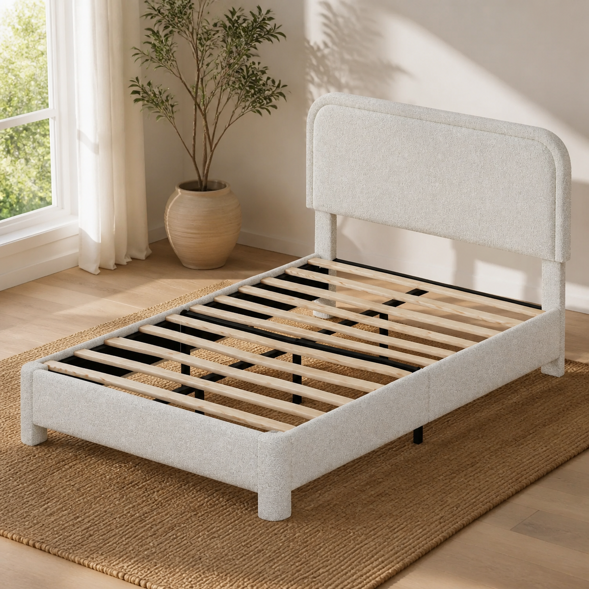 Bouclé Platform Bed with Rounded Headboard in a colorful realistic setting