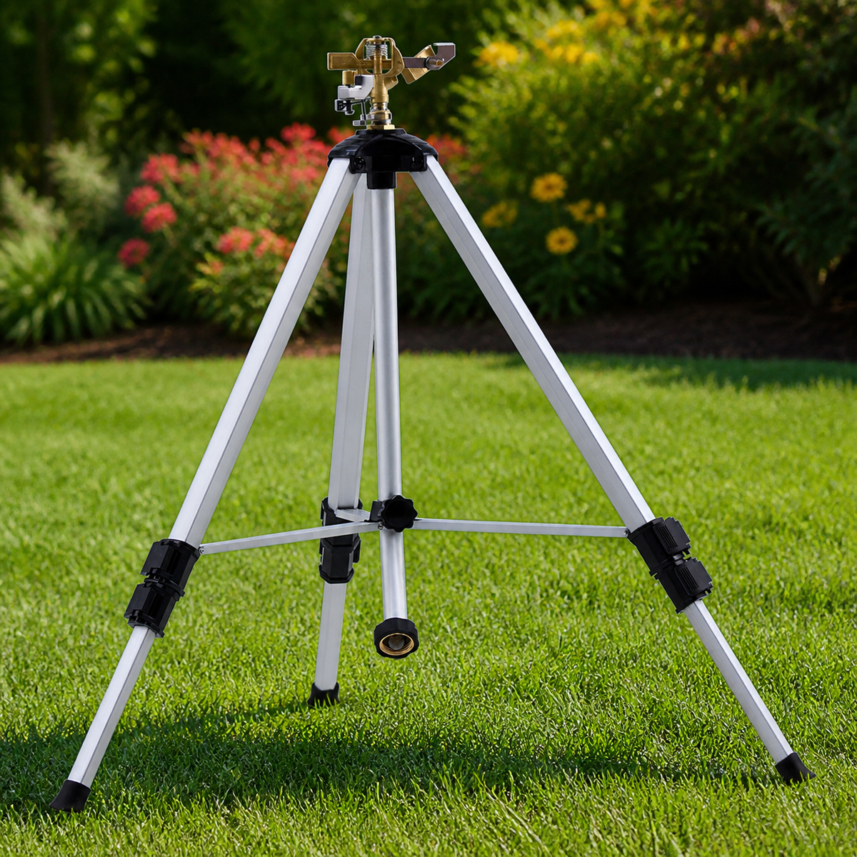 Adjustable Tripod Lawn Sprinkler — Gray in a colorful realistic setting